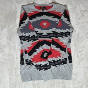 Men's Vtg Inspired Southwestern Aztec Knit Sweater Gray Red Black Crewneck Sz M